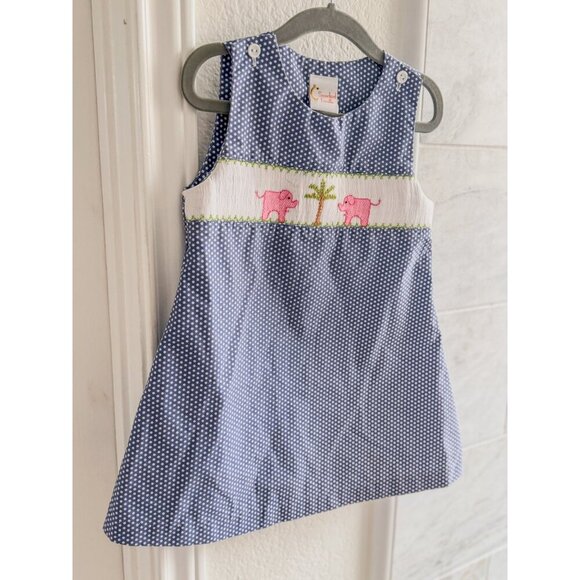 Smocked Giraffe Blue Polka Dot Dress Pink Elephants & Palm Tree Embroidery 2T - Picture 8 of 11